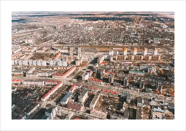 Brest, Belarus. Aerial Bird's-eye View Of New Residential Multi-storey Houses. Cityscape Skyline In Sunny Spring Day