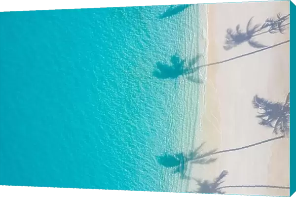 Aerial sunset beach, beautiful coastline. Palm trees and amazing sea lagoon. Turquoise water, white sand with palm tree shadow, tropical paradise