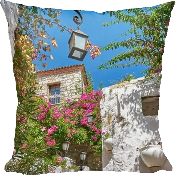 Marmaris old town, old turkish house facade with blooming flowers, Turkey