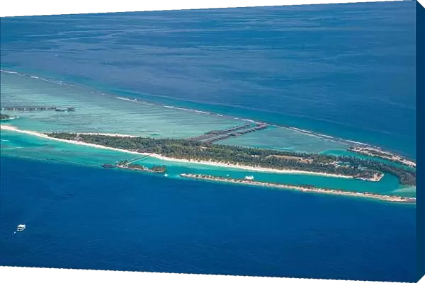 Maldives paradise scenic. Tropical aerial landscape, seascape with long jetty, water villas with amazing sea and lagoon beach, tropical resort nature