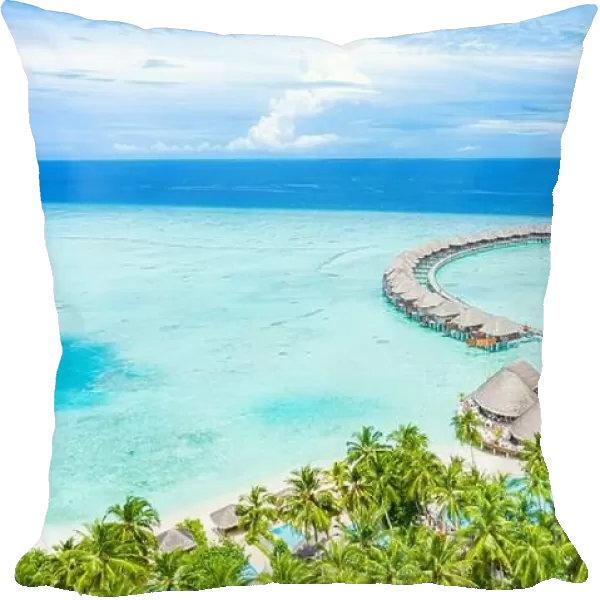 Summer landscape and seascape as aerial tropical background. Amazing view from above, luxury water bungalows, vacation holiday mood. Pristine clear