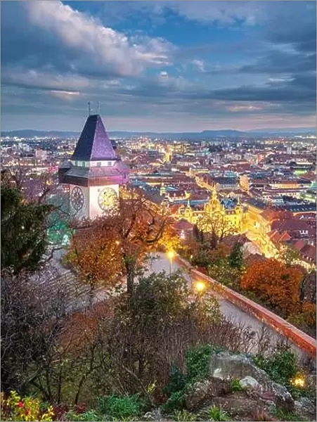 Graz, Austria. Cityscape image of the Graz, Austria with the Clock Tower at beautiful autumn sunset