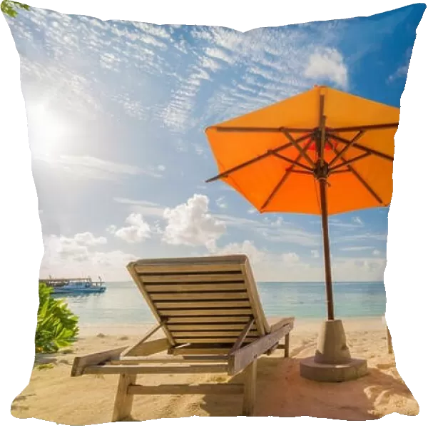 Vacation in tropical countries. Beach chairs, umbrella and palms on the beach