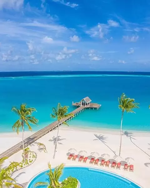 Luxury bay and beach from aerial top view, amazing beachfront, swimming pool on tropical island beach. Palm trees in sunlight, beautiful blue ocean