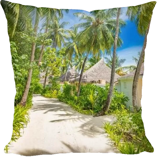 Summer vacation holiday island, vertical view of pathway with palm trees and beach villas bungalows. Luxury travel background tropical nature paradise