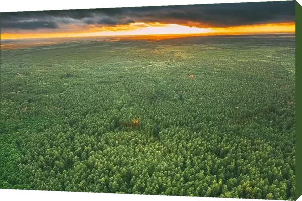 Aerial View Of Dramatic Sky Above Green Forest Landscape In Evening. Top View From High Attitude In Summer Sunset. Rain Clouds