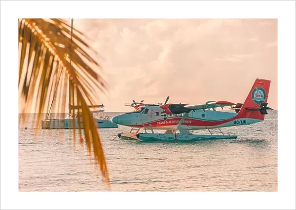 Ari Atoll, Maldives - 05.05.2018 - Sea plane at tropical beach resort. Luxury summer travel destination with seaplane in Maldives island Exotic vacay