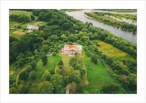 Khal'ch, Vetka District, Belarus. Aerial View Old House Manor Of Landowner Voynich-Senozhetskih. Top View Of Beautiful European Nature From High Attit