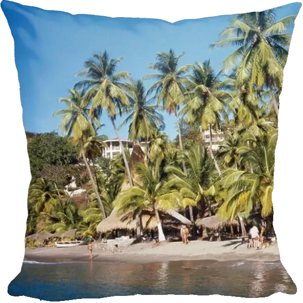 Palmenstrand von Chastanet, St. Lucia 1980er Jahre. Chastanet beach with palm trees, St. Lucia 1980s