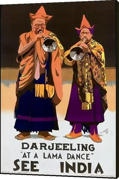 India: See India Darjeeling - At a Lama Dance, vintage travel poster, Government of India. Victor Veevers (1903 - 1970), Bombay, 1934