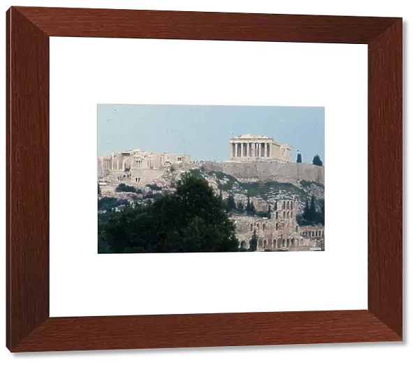 Vintage travel photo of the Acropolis overlooking Athens Greece, taken in October 1973
