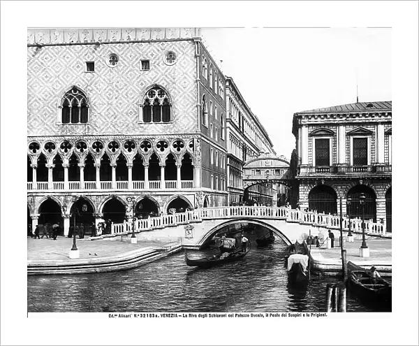 View of the Riva degli Schiavoni in Venice with the Ponte della Paglia, the Ponte dei Sospiri (Bridge of Sighs) and part of the faade of the Doge's Palace