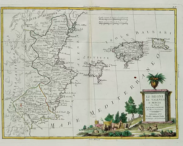 Kingdoms of Valencia and Murcia with the Baleari and Pitiuse Islands, engraving by G. Zuliani taken from Tome I of the 'Newest Atlas' published in Venice in 1775 by Antonio Zatta, Private Collection