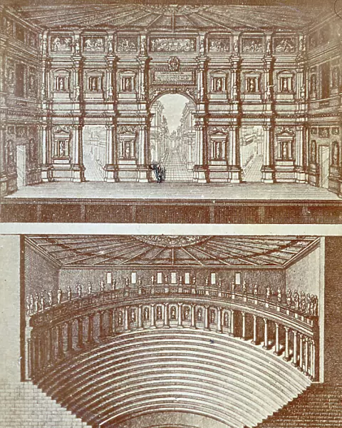 Engraving of the scena and tiers of the palladian Teatro Olimpico in Vicenza