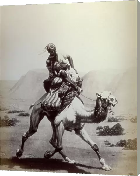 Picture of an engraving of the painting entitled The post in the desert, by the french painter Horace Vernet