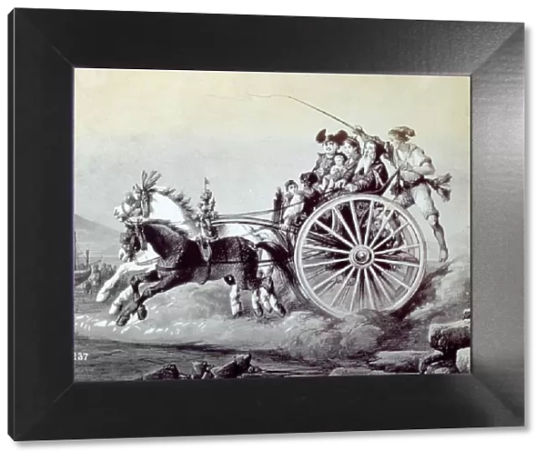 Engraving with genre scene of Neapolitan life. In the foreground a typical wagon drawn by two horses and with a cabman in traditional costume, and with a group of passengers. In the background, Mount Vesuvius