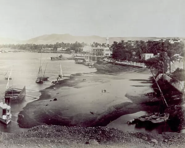 View of a stretch of the Nile at Aswan with the typical river boats