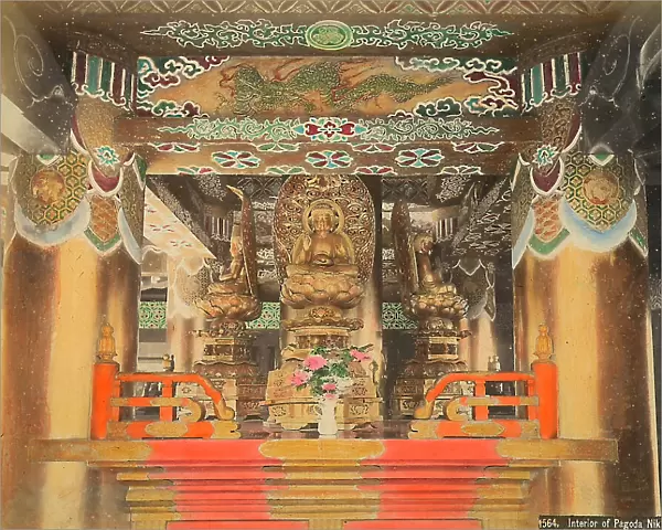 Interior image of the Pagoda at Nikko. Above center, the statue of Buddha