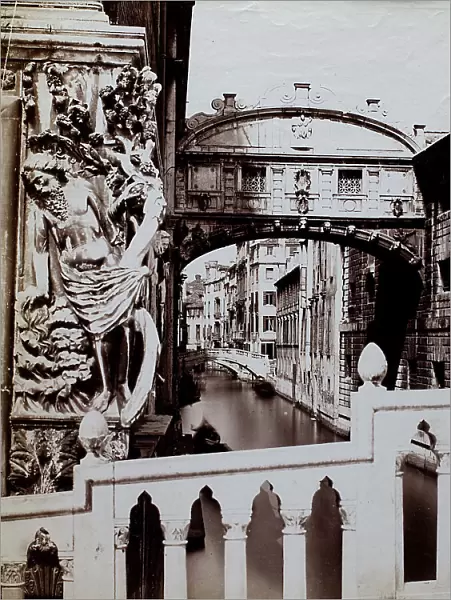 Sculptural group depicting the Drunkenness of Noah, on the back of the Palazzo Ducale. The Bridge of Sighs is in the background, Venice
