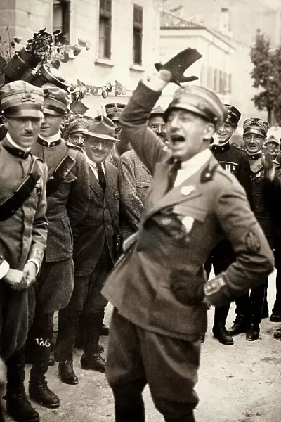 Gabriele D'Annunzio makes a satisfaction gesture. The photograph was taken during the occupation of city by part of the Italian legionary troops, headed by the poet