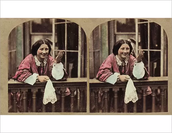 Stereoscopic photography showing a young woman on a balcony