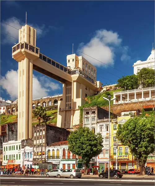 Brazil, Bahia, Salvador city, Lacerda elevator and upper town & lower town scene