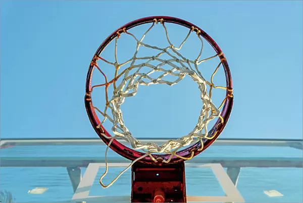 Basketball hoop seen from below