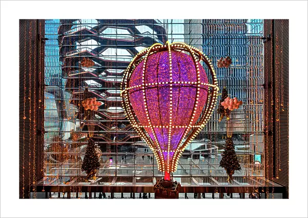 NYC, Manhattan, Hudson Yards, Shine Bright Christmas decorations with Hot Air Balloon, and The Vessel