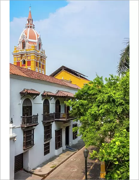 Colombia, Cartagena, typical colonial facade, with Cathedral dome in back, UNESCO World Heritage site