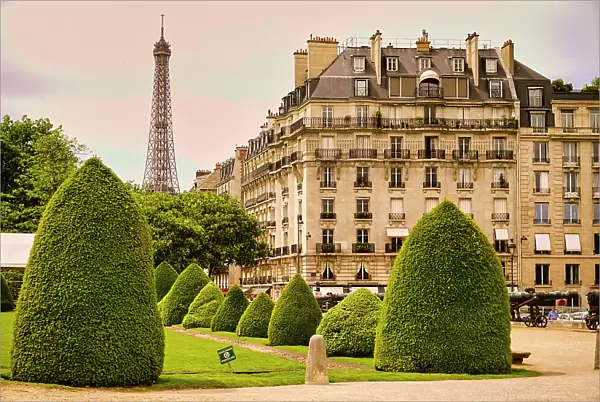 France, Paris, garden and building near Eiffel Tower