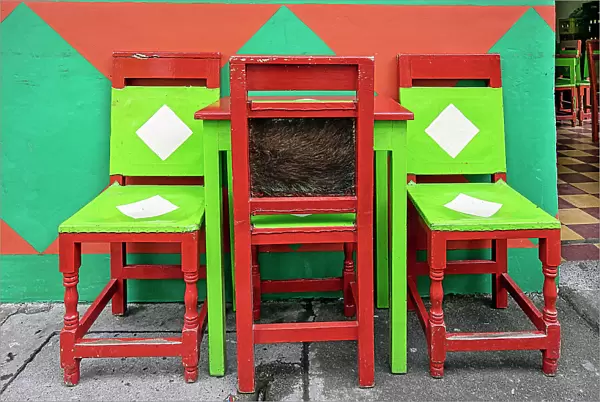 Colombia, Antioquia, Jardin, Traditional colorful chairs at coffee shop