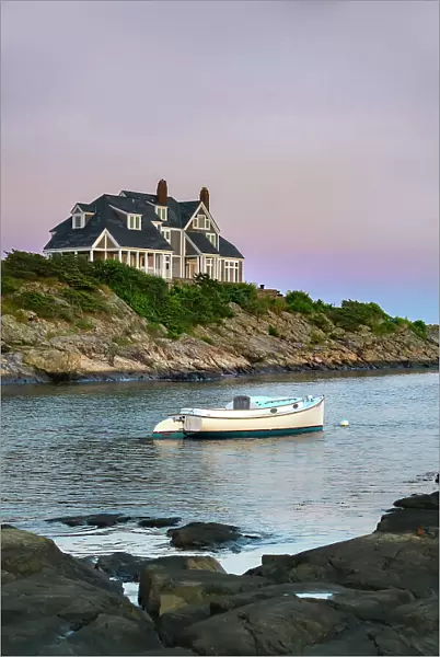 Rhode Island, Newport, boat on an inlet with upscale house in background