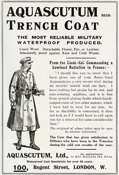 Advert for Aquascutum waterproof military coats 1916