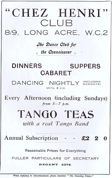 Advert for Chez Henri Club, London, 1925
