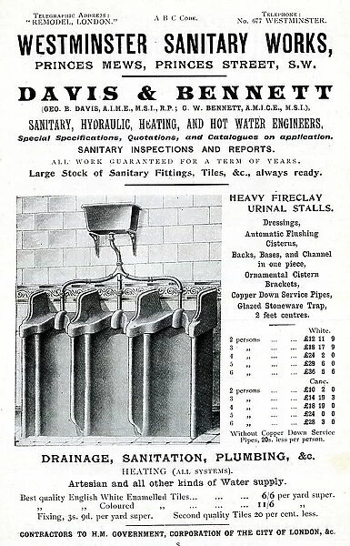 Advert, Davis & Bennett, heavy fireclay urinal stalls