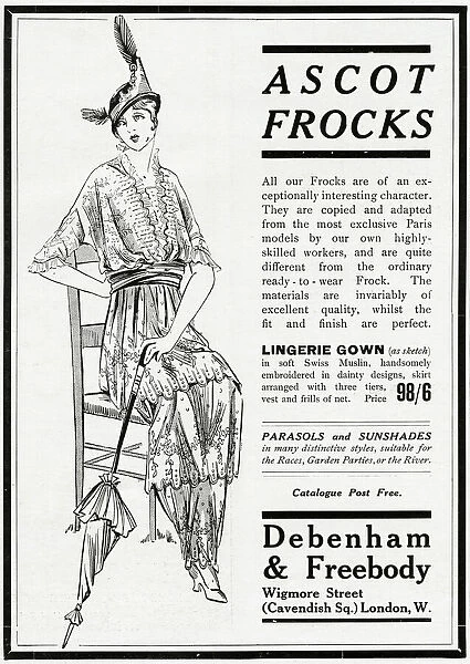 Advert for Debenham & Freebody Ascot frocks 1914