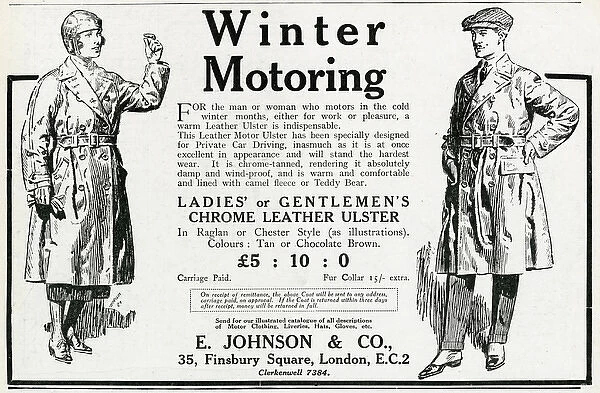 Advert for E. Johnson chrome leather ulster 1923