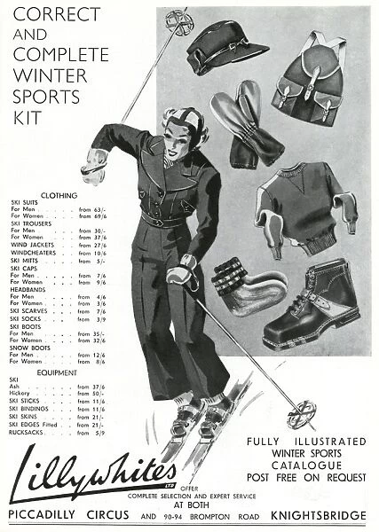 Advert for Lillywhites skiing clothing & accessories 1937