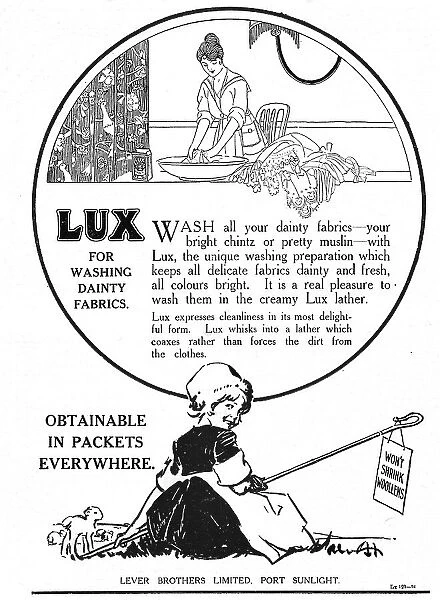 Advert for Lux soap flakes, an illustration of a woman handwashing with Lux, and a girl smiling at the viewer. Date: 1918
