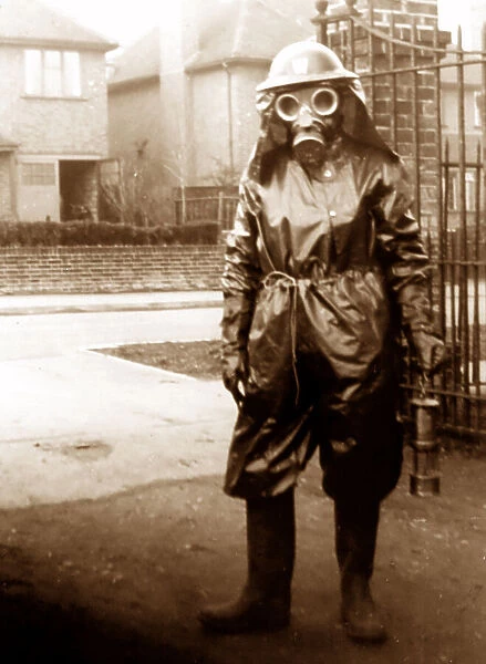 Air raid warden in gas mask