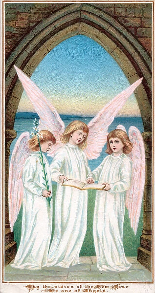 Three angels singing on a New Year card