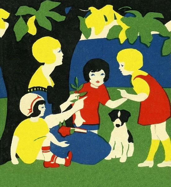 Art deco style mother & children with a dog