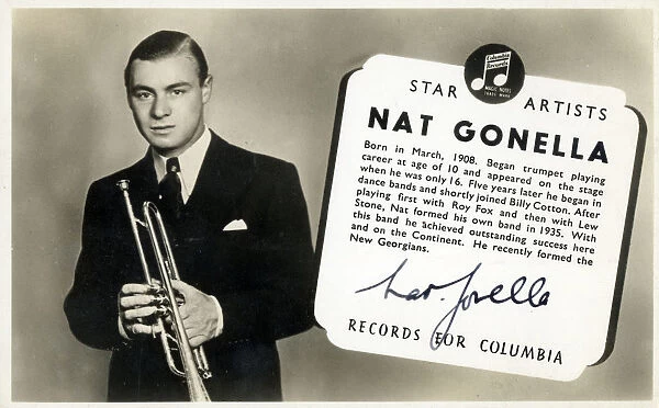 Autographed promotional postcard for Star Artist recording star Nat Gonella - a