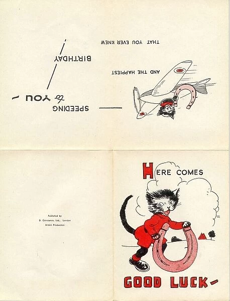 Birthday card, Good Luck, with black cat, aeroplane and horseshoe Date: 20th century