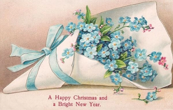 Blue flowers on a Christmas and New Year postcard