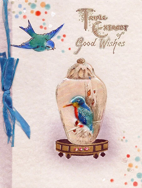 Bluebird, kingfisher and jar on a greetings card