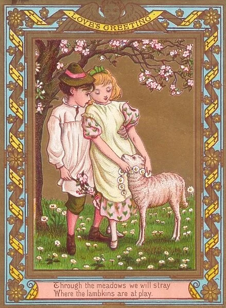 Boy and girl with a lamb on a romantic greetings card