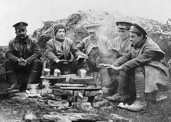 British soldiers keeping warm, Western Front, WW1