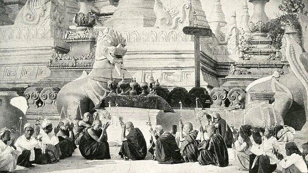 Buddhist monks praying, Rangoon, Burma, South East Asia