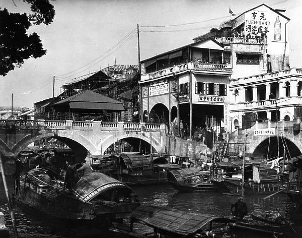 Canal and Bridge, Canton, China, c. 1910